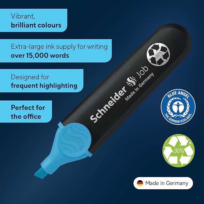 Schneider Job Highlighter, Chisel Tip, 1 + 5 mm, Black Barrel, Blue Ink, Box of 10 Highlighters (1503)