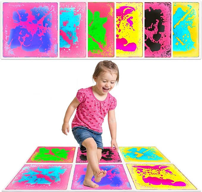Liquid Sensory Floor Tiles for Kids: 12x12 Inch Active Play Mats for Kids Non-Toxic Leakproof -6 PCS Non-Slip Color-Changing Pads Stress Relief & Motor Skills Toys