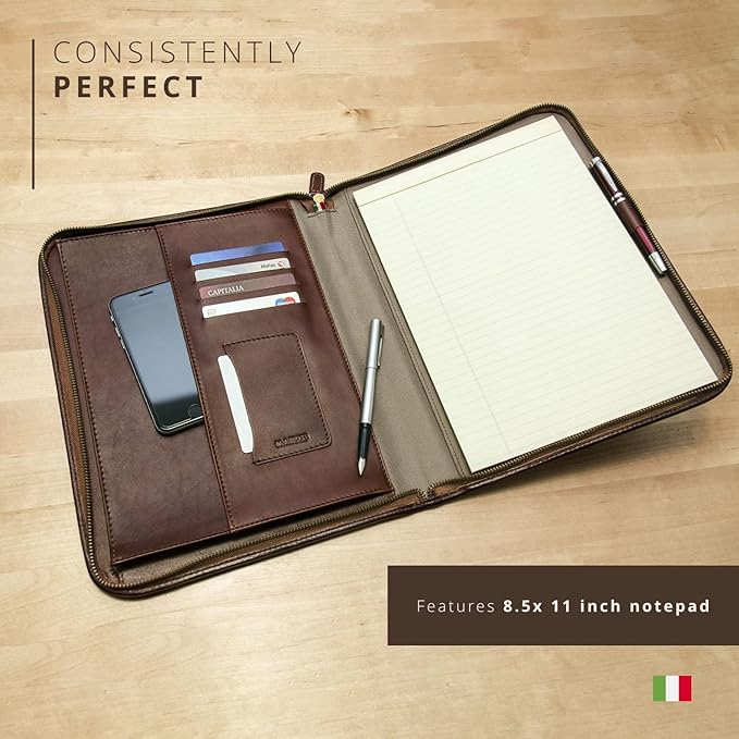 Premium Maruse Leather Portfolio Padfolio - Executive Folio for Men and Women with Zipper, Folio Document Organizer, Laptop Sleeve, iPad Case and Folder - Made in Italy, Brown
