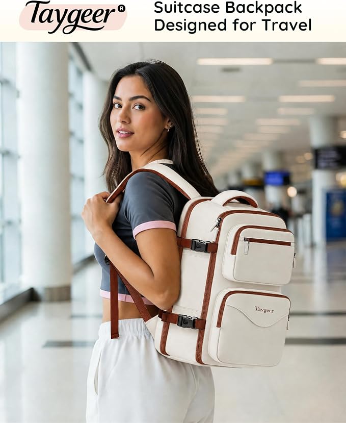 Taygeer TSA Approved Under Seat Backpack, 35l College Backpack for Women | Personal Item Bag for Airplanes Fits 15.6 Inch Laptop, Travel Bag with Water Bottle Pocket & Shoe Pouch, Khaki White