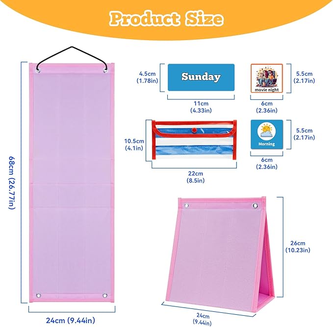 PITCOTT Visual Schedule for Kids Chore Chart，3 in 1 Daily Schedule Board Routine Pocket Chart Cards for Toddlers,Autism Learning Materials Tool Wall Planner for Home School with 103 Cards （Pink）