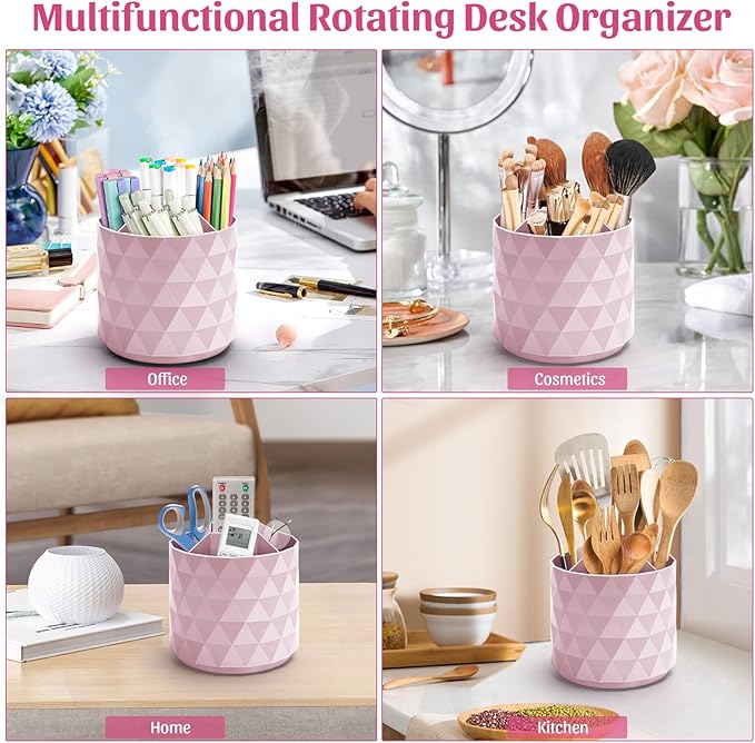 minimaliving Desk Organizer,Sparkling Diamond-like Pen Holder for Desk 360°Rotating Office Accessories,Pencil Cup with 5 Compartments Storage Box Caddy for Office,School,Home,Art Supply(Pink)