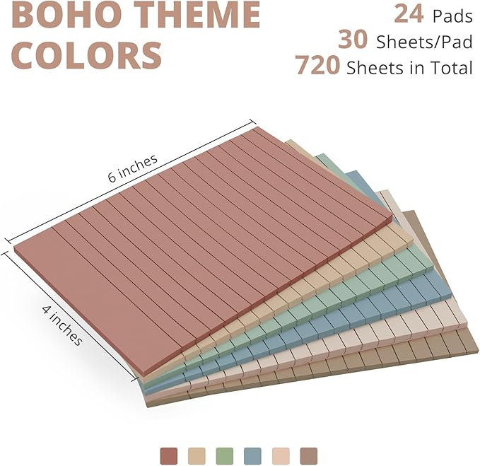 Lined Sticky Notes, 24 Pads, 4x6 Inches, Large Sticky Notes with Lines, Memo Note Pads in Multi Colors, 30 Sheets/Pad, Super Sticking Power for Office ＆ Home & Planning - Vintage