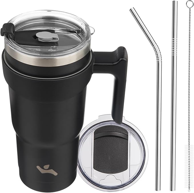 Konokyo 20 oz Tumbler with Handle and 2 Straw 2 Lid, Insulated Water Bottle Stainless Steel Vacuum Cup Reusable Travel Mug,Black
