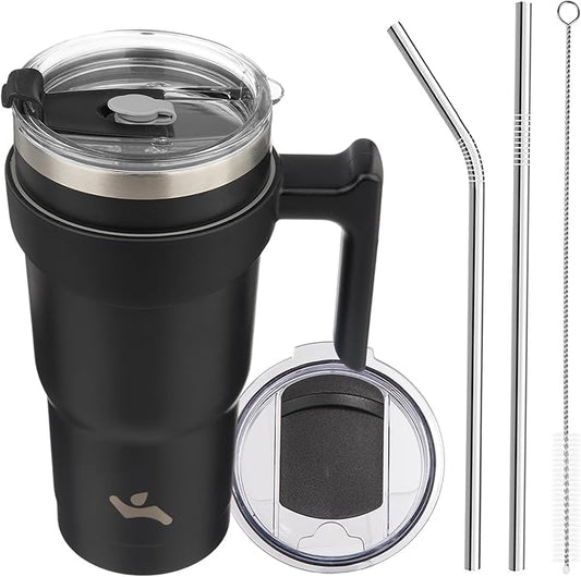 Konokyo 20 oz Tumbler with Handle and 2 Straw 2 Lid, Insulated Water Bottle Stainless Steel Vacuum Cup Reusable Travel Mug,Black