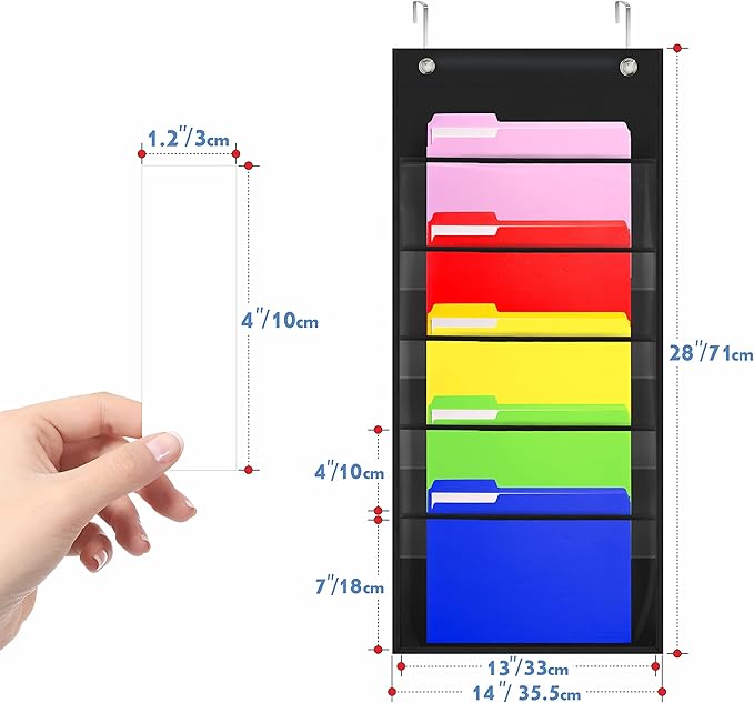 Storage Pocket Chart, Heavy Duty Wall File Organization Folder with 5 Clear File Pockets, 5 Blank Dry-Erase Name Stickers Plus 2 Over Door Hooks for Files, Bills, Classroom & Office (Black, 14” X 28”)