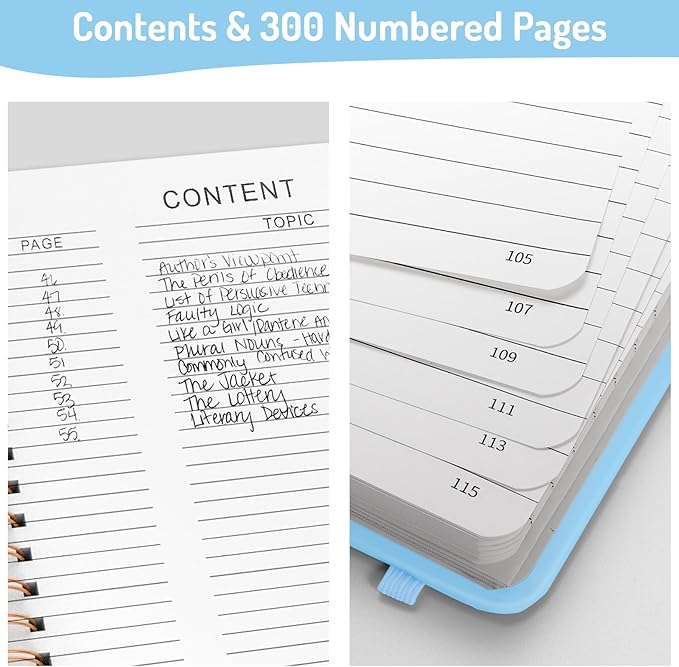 Forvencer Lined Spiral Journal Notebook with 300 Numbered Pages, B5 College Ruled Thick Journals for Writing with 100GSM Paper, Hardcover Notebooks with Contents for Work, School, Women, Men, Sky Blue