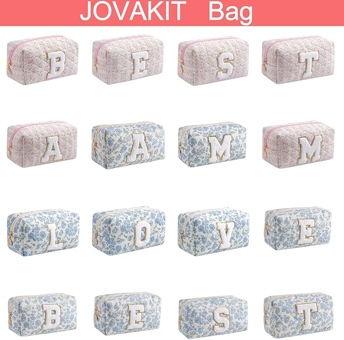 JOVAKIT Alphabet Makeup Bag Cosmetic Bag for Women, Christmas Gifts for Girls Age 6-18, Floral Flowers Coquette Travel Toiletry Zipper Make Up Pouch Organizer Trendy Stuff (Pink Floral D)