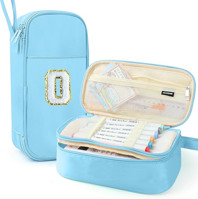 Large Pencil Case,Big Capacity Pencil Pouch,Personalized Initial Pencil Bag with smooth zipper,Multiple Pockets,Cute Aesthetic Stationery Pen Case Bag for Teen Girls College (Blue, O)