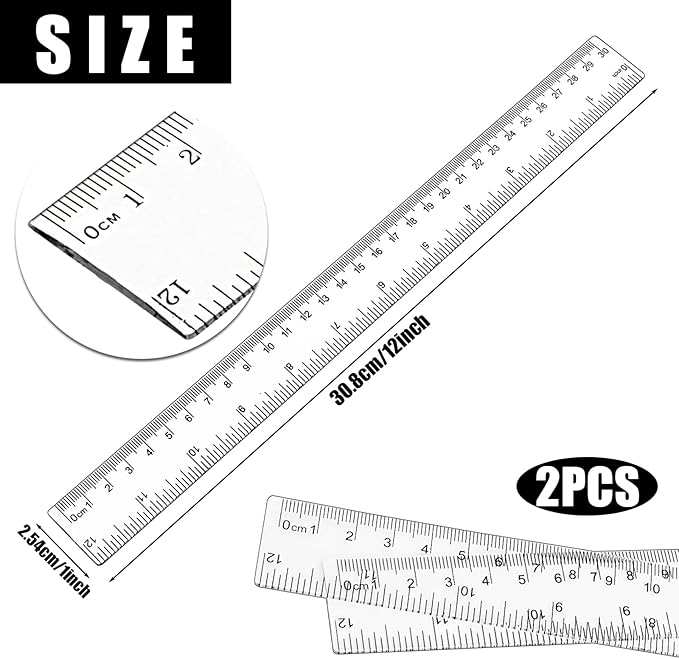 Koogel 2 Pack Clear Plastic Ruler, 12 Inch Shatterproof Straight Ruler with Inches & Centimeters for School, Home & Office
