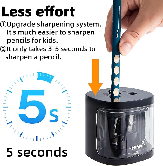 tenwin Electric Pencil Sharpener, Dual Hole Pencil Sharpeners Battery Powered, Small&Portable, Fit for 6-12mm No.2/Colored Pencils, Kids, School/Home (Black)
