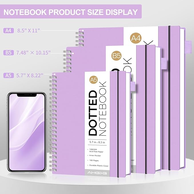 AHGXG Dotted Journal - Dot Grid Spiral Notebook A5, 160 Pages, 100 GSM Thick Paper, Waterproof Plastic Cover Journals for Bullet Journaling, Sketching, 5.7" x 8.3", Purple