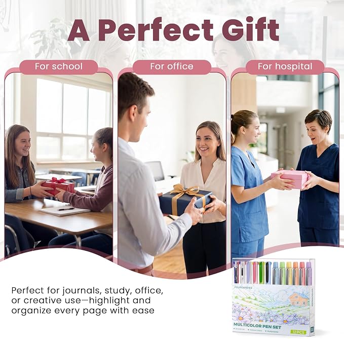 Four Candies Multicolor Pens and Highlighters Set,12 Pack | Macarons Journaling Pens Set for Note Taking,Planners &Journaling, Back to School Supplies & Nurse Accessories for Work