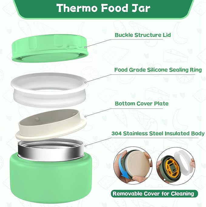 Aimsnk Kids Bento Lunch Box with 8oz Soup Thermo, Kids Leakproof Lunch Food Containers with 4 Compartment,Insulated Hot Food Jar with Lunch Bag for School, Travel (Green)
