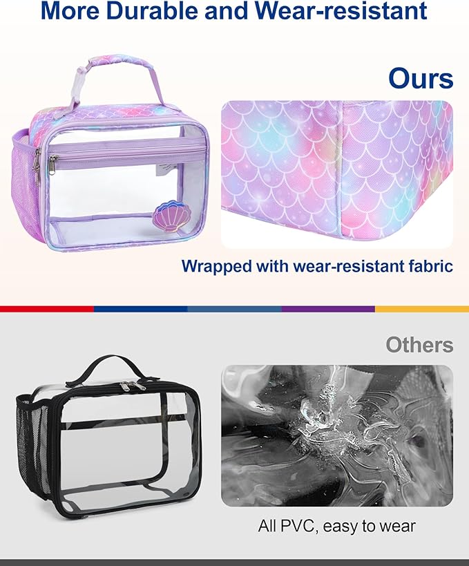 Bagseri Kids Clear Lunch Bag - Girls Lunch Box for School Reusable Snack Bag with Water Bottle Holder Stadium Approved Clear Bag, Purple Mermaid Shell