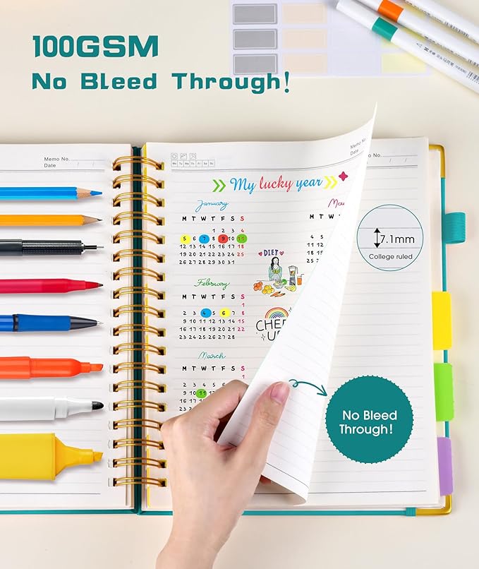 Hardcover Spiral Notebook journal with Removable Dividers Tabs, 300 Pages Leather 5 Subject Notebook College Ruled, 100GMS A5 Notebooks for Work School Note taking,Lined Journal for Women,A5-Blue