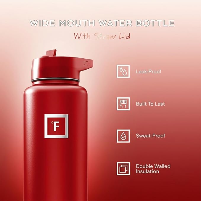 IRON °FLASK 40 oz Wide Mouth Water Bottle with Straw | Insulated Stainless Steel Sports Water Bottle with Leakproof Straw Lid - BPA Free, Cold 24 Hrs, Sweat Free (Fire Red)