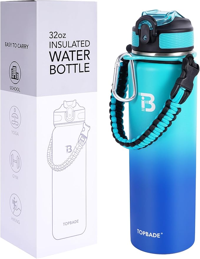 TOPBADE 32oz Insulated Water Bottle with Straw Lid & Spout Lid & Paracord Handle, Stainless Steel Water Bottle Wide Mouth, Double Wall for Women Men Gym Fitness Outdoor