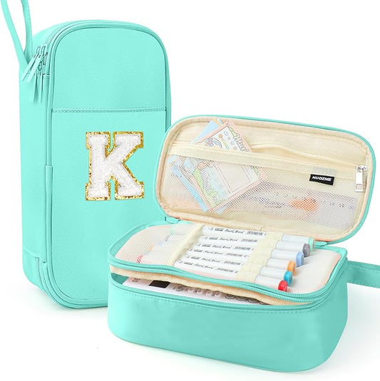 Large Pencil Case,Big Capacity Pencil Pouch,Personalized Initial Pencil Bag with smooth zipper,Multiple Pockets,Cute Aesthetic Stationery Pen Case Bag for Teen Girls College (Mint Green, K)