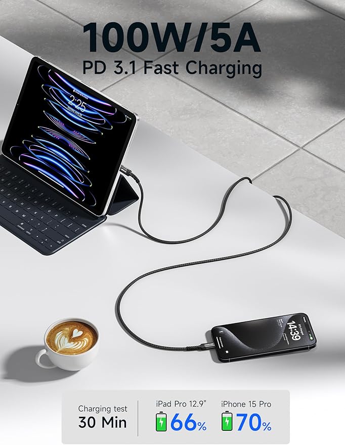 JSAUX 100W USB C to USB C Cable for iPhone 17, USBC Type C Charge Cord 5A Fast Charging Compatible with iPhone 17 Air 16 15 Pro Max Samsung Galaxy S25 S24 MacBook iPad Carplay (2-Pack, 3.3ft) Black