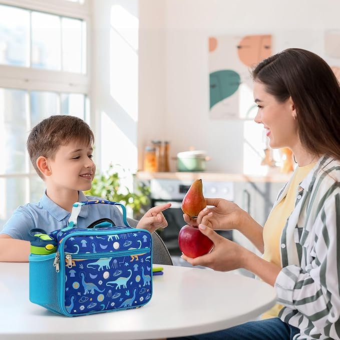 Bagseri Kids Lunch Bag Boys - Thermal Insulated Lunch Box Tote with Water Bottle Holder, Reusable Leak-Proof Kids Lunch Box for Daycare & School, Blue Dinosaur (Containers Not Included)