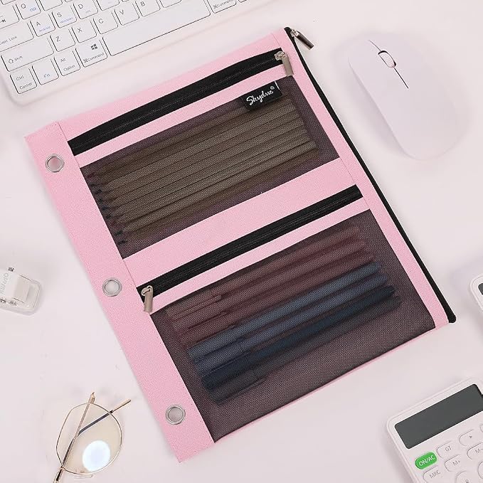 SKYDUE Pencil Pouch for 3 Ring Binder, 11"x9", 3 Pockets and Mesh Window | Zipper Pink Pencil Pouch Pencil Bag with 3 Reinforced Grommets, Organizer for School Supplies, Cables, Earbuds, Makeup