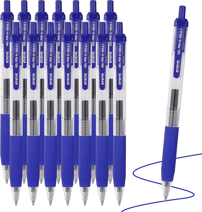EYEYE G-103 Blue Gel Pens 15 Pack, Retractable, 0.7mm Medium Point | Quick Drying, Ballpoint Pen Fine Point Smooth Writing Pens for Office Supplies, Black to School
