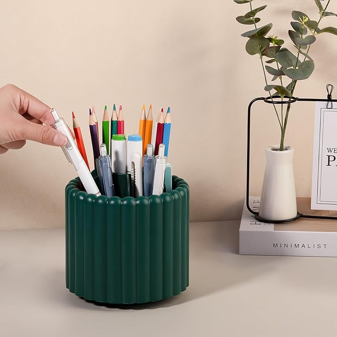 Anyoifax 360° Rotating Pen Holder 7 Slots Desk Organizer Removable Pencil Cup Plastic Art Supplies and Accessories Desktop Storage Box Caddy for Office, School, Home (Teal Green)