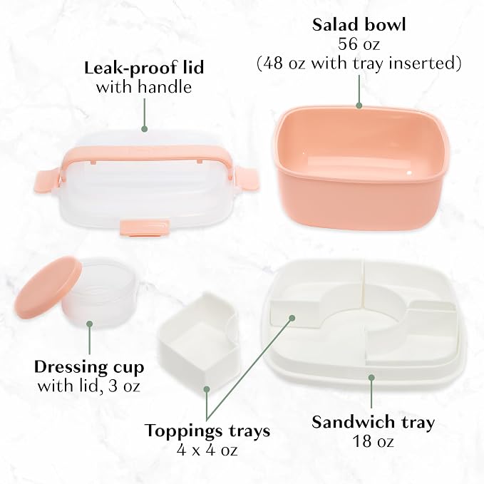 Goodful Stackable Lunch Box Container, Bento Style Food Storage with Removeable Compartments for Sandwich, Snacks, Toppings & Dressing, Leak-Proof and Made without BPA, 56-Ounce, Blush