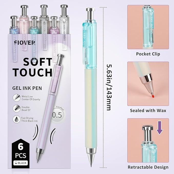 FIOVER Gel Pens, 6 Pcs 0.5mm Quick Dry Black Ink Pens, Fine Point Smooth Writing Pens, Retractable with Silicone Grip, High-End Cute Aesthetic Office School Supplies, Gifts for Women Men (6pcs black)