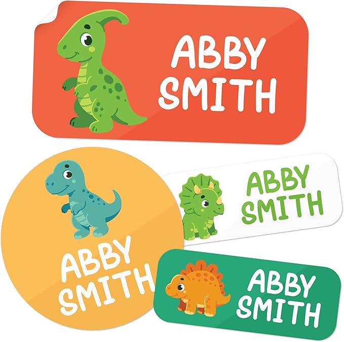 Personalized Daycare Name Labels for Kids, (130 Pack) Waterproof Custom Name Stickers for Clothing Tags, Lunch Boxes and School Supplies, Made in USA by MSC -Dinosaur 2