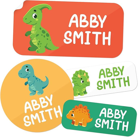 Personalized Daycare Name Labels for Kids, (130 Pack) Waterproof Custom Name Stickers for Clothing Tags, Lunch Boxes and School Supplies, Made in USA by MSC -Dinosaur 2
