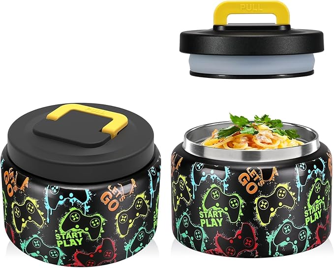 JXXM 8 Oz Thermo Food Jar for Hot & Cold Food for Kids, Insulated Lunch Containers Hot Food Jar,Leak-Proof Vacuum Stainless Steel Wide Mouth Lunch Soup Thermo for School (Black-Game machine)