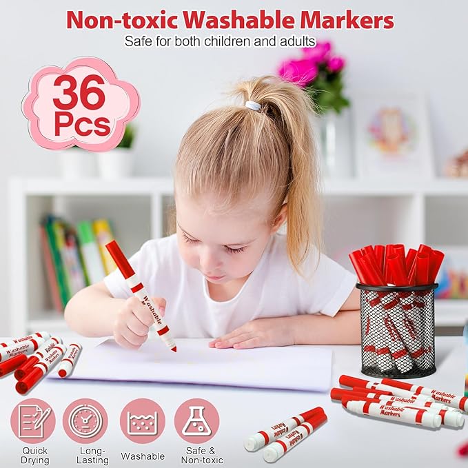 36 Pcs Red Washable Markers Bulk Coloring Broad Line Markers for Kids Red Conical Tip Drawing Pen for Christmas, School Supplies, Travel Art Baby Shower Gender Reveal Party Supplies, Ages 6+