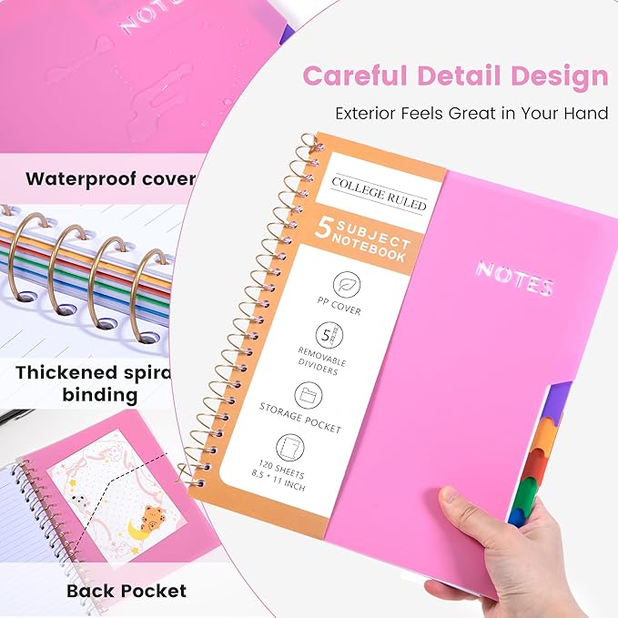 CAGIE Spiral Notebooks for School Work with Removable Dividers Tabs, 8.5” x 11” 5 Subject Notebook College Ruled, Large Lined Journaling Notebook for Women Men Writing, Pink