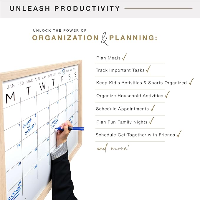 MCS Dry Erase Calander 24x24 Natural Framed Monthly Calendar for The Wall, Stay Organized with Family Planner for Appointments, Sports, Events & More