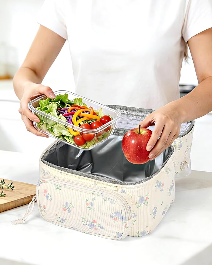 HowFly Lunch Bag for Women Insulated Lunch Boxes Corduroy Resuable Double Deck Lunch Box for Girls Teens Kigs Boys Portable Thermal Cooler Bags for School Work, Purple Floral
