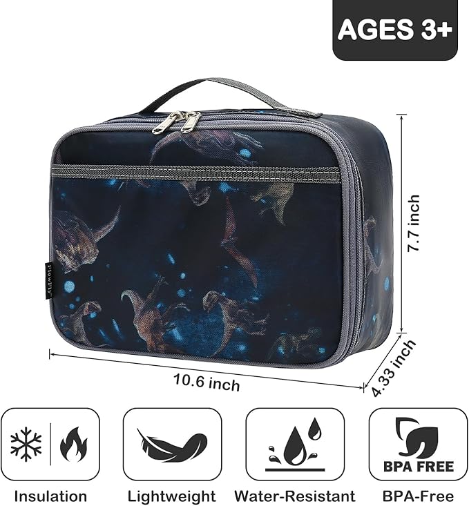 FlowFly Kids Lunch box Insulated Soft Bag Mini Cooler Back to School Thermal Meal Tote Kit for Girls, Boys, MyDinosaur