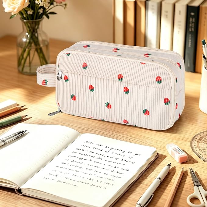 Cute Corduroy Pencil Case with Handle, Extra Large 4 Compartment Multiple Pockets Aesthetic Pencil Pouch Organizer for Teen Girls, School & College Supplies (Cherry)