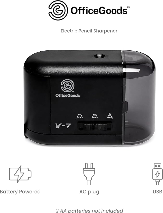OfficeGoods Electric Pencil Sharpener - Battery or Cord Powered Portable Sharpener - Perfectly Sharpens Colored Pencils, Drafting Pencils for Kids, Adults, Office, School and Home - Black