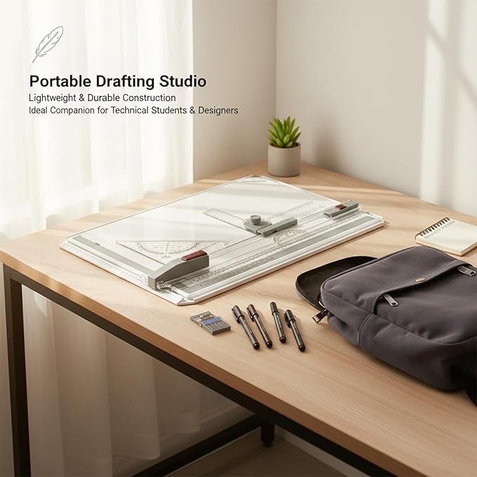 A3 Portable Drawing Table Board with Clear Rule Parallel Motion and Angle Adjustable Measuring System, Multi-Function Metric Drawing Board Drafting Table for Engineering Students