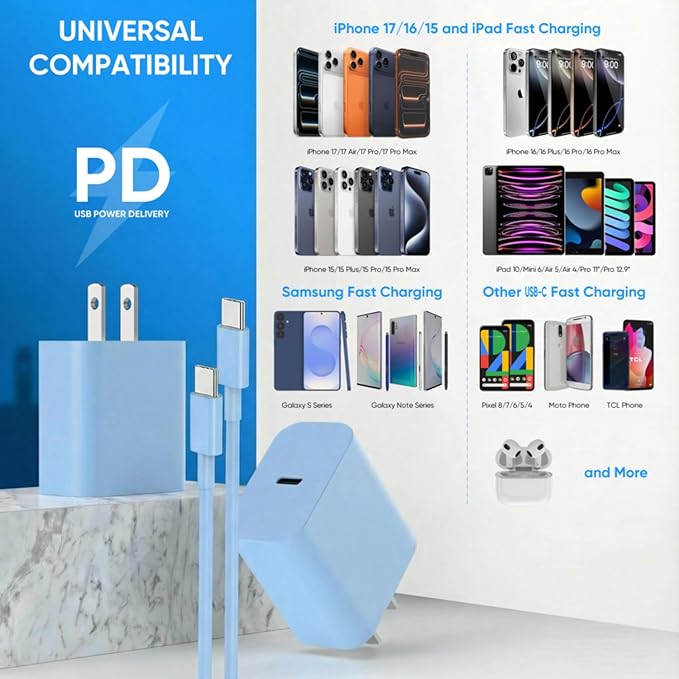 iPhone 17 16 15 Charger Fast Charging 6FT+10FT Cable, 20W USB C Charger, USBC Wall Charger for i Phone 17 Air 16 16e/16 Pro/16 Pro Max/15/15 Plus/15 Pro/15 Pro Max,i Phone iPad Pro/Mini (Blue)