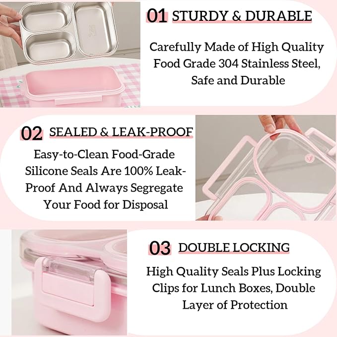 Stainless Steel Bento Box for Kids, 3-Compartment Leakproof Lunch Box, 18/8 Food-Grade Metal Lunch Container with Lid, 25oz Portable School Lunchbox for Girls, Pink