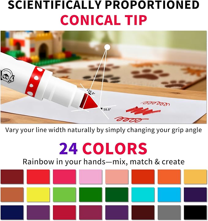 Washable Markers for Kids, 24 Vibrant Colors with Cone Tips & Easy-Grip Barrel - Toddler Art Supplies, Washable from Skin & Clothes, Portable Case for Preschool, Home, Travel (cartoon, Count, 24)