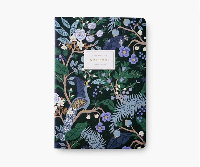 RIFLE PAPER CO. Peacock Stitched Notebook Set, Assorted Set Of 3 Colorful Notebooks, 64 Ruled Pages With Gold Ink, Full Color Canvas Cover With White Text Paper Interior (6" W × 8.5" L)
