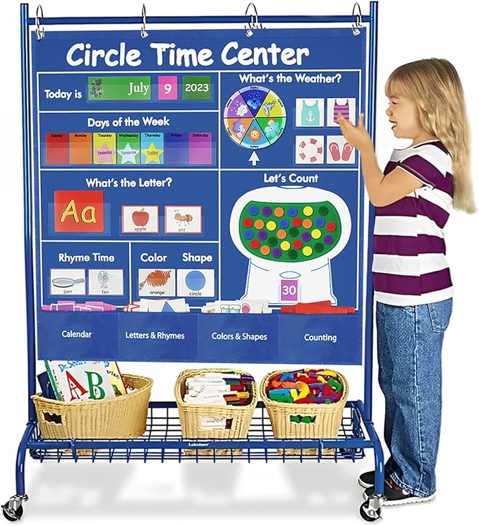 Circle Time Learning Center-Montessori Toy for 3 4 5 Year Old Pocket Chart Calendar Set Learning Calendar Weather,Alphabet,Counting Number,Color,Classroom Calendar Pocket Chart for Homeschool Supplies