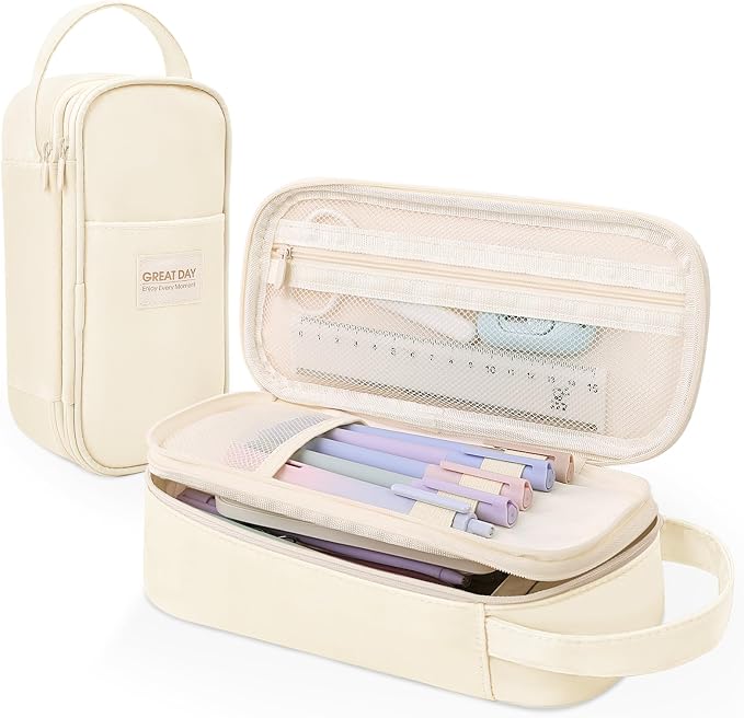 SKYDUE Beige Pencil Case for Girls & Boys - Aesthetic Pencil Bag with Multi-Compartment, Large Capacity Zippered Pencil Pouch for School Supply