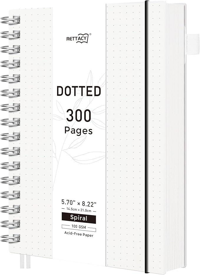 RETTACY Dotted Journal Notebook, 300 Pages, A5 Medium Size (5.7'' × 8.2''), 100 GSM Thick Paper, Flexible Plastic Cover, Spiral-bound, for Journaling, Planning, Tracking (Transparent)