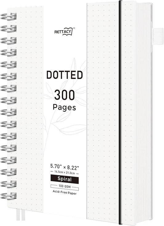 RETTACY Dotted Journal Notebook, 300 Pages, A5 Medium Size (5.7'' × 8.2''), 100 GSM Thick Paper, Flexible Plastic Cover, Spiral-bound, for Journaling, Planning, Tracking (Transparent)