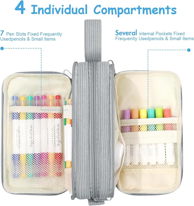 BuyCard Grey Corduroy Pencil Case, Large Capacity Zipper Pouch, Gray, Casual Style, Supplies Organizer for Teen Girls and Boys
